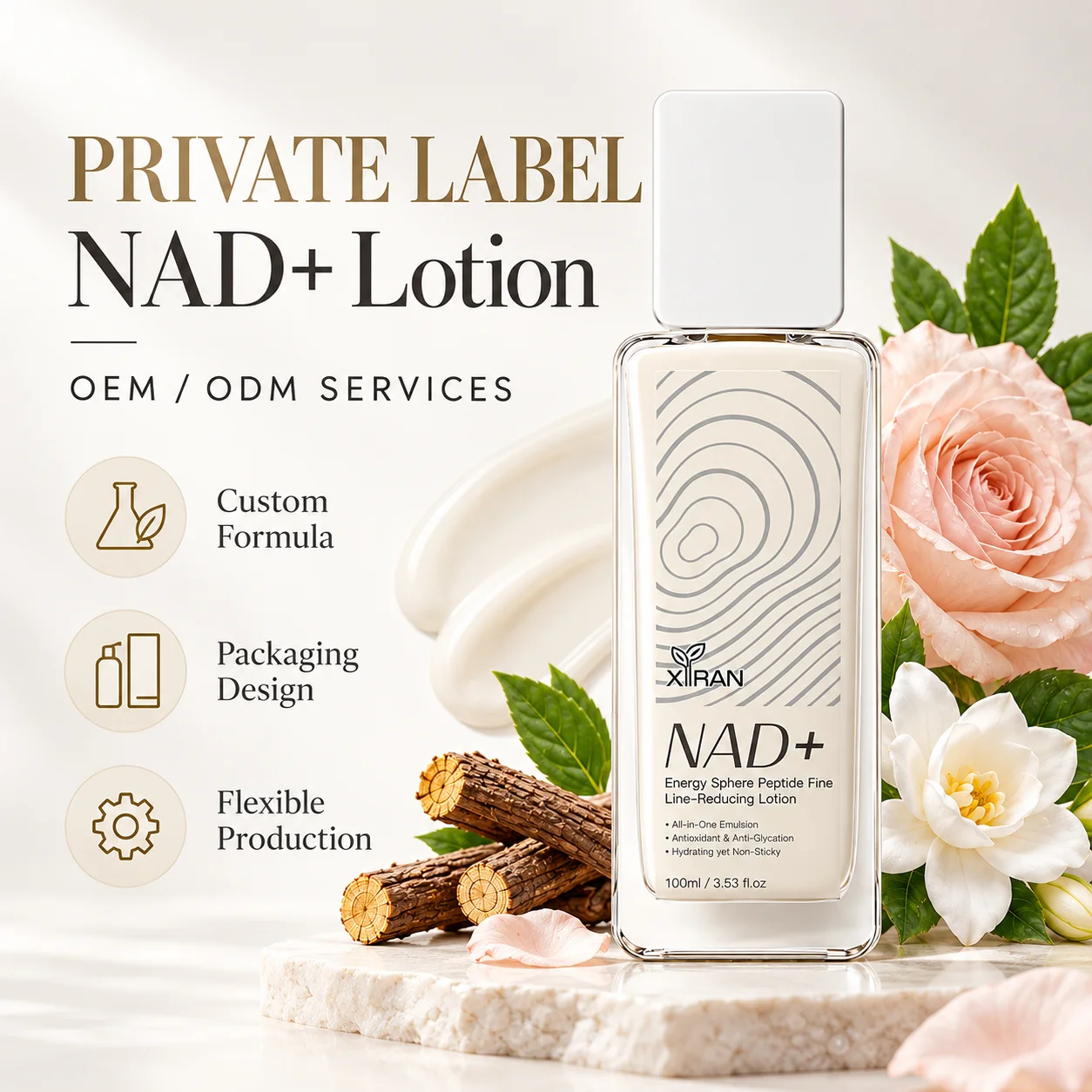 Private label NAD+ lotion product display with flowers and natural elements, highlighting OEM/ODM services including custom formula, packaging design, and flexible production.